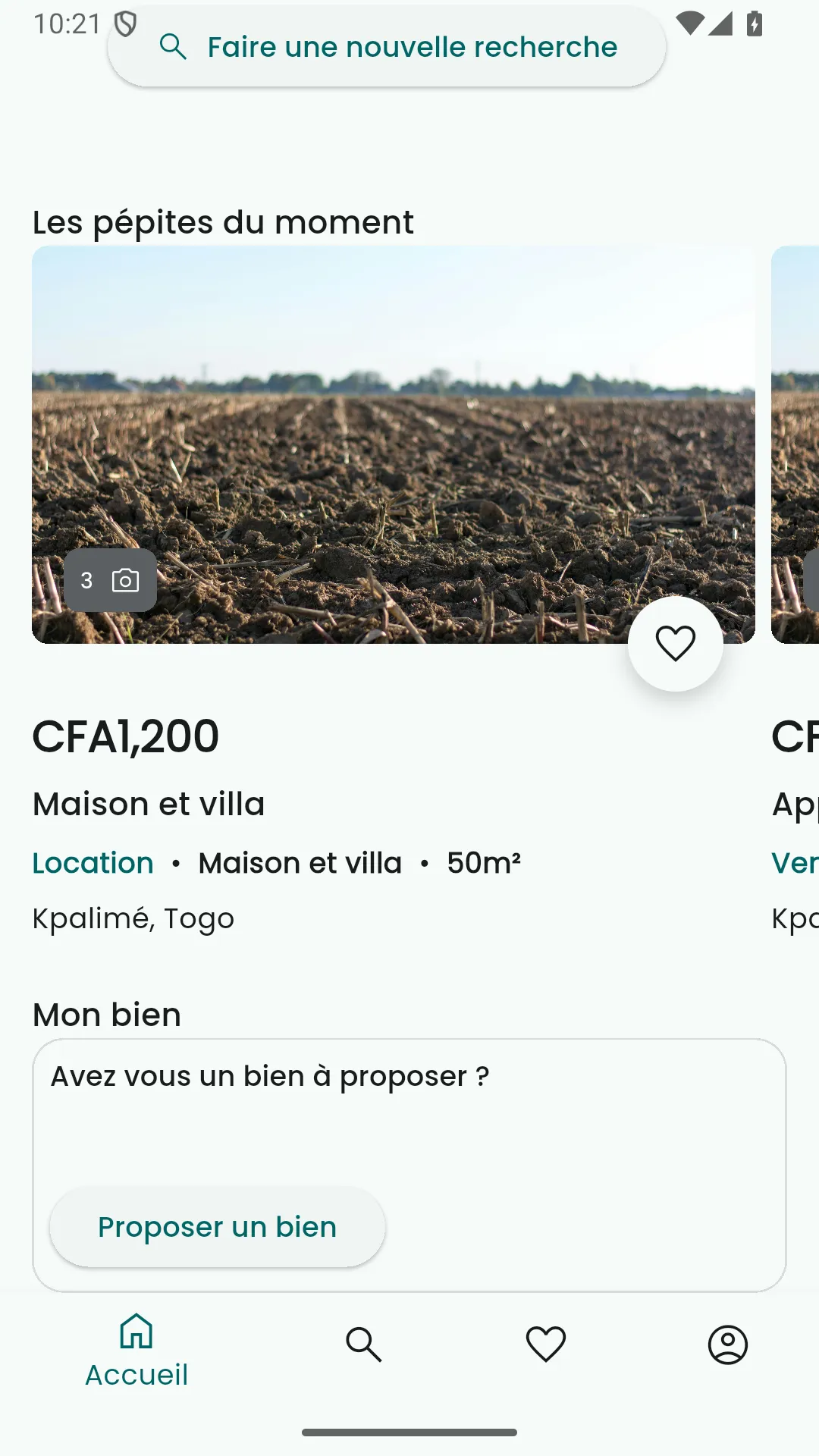 Accueil : une annonce mise en avant, avec son prix, son type et sa localité