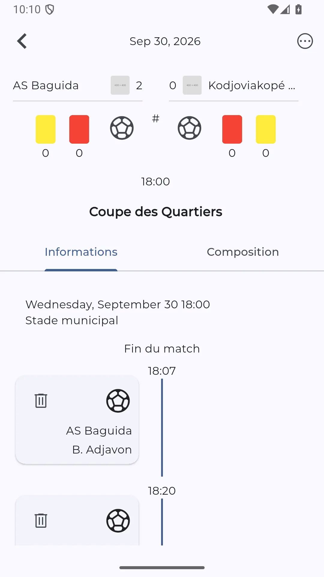 Feuille d’une rencontre : score, cartons, puis les buts placés sur une ligne de temps