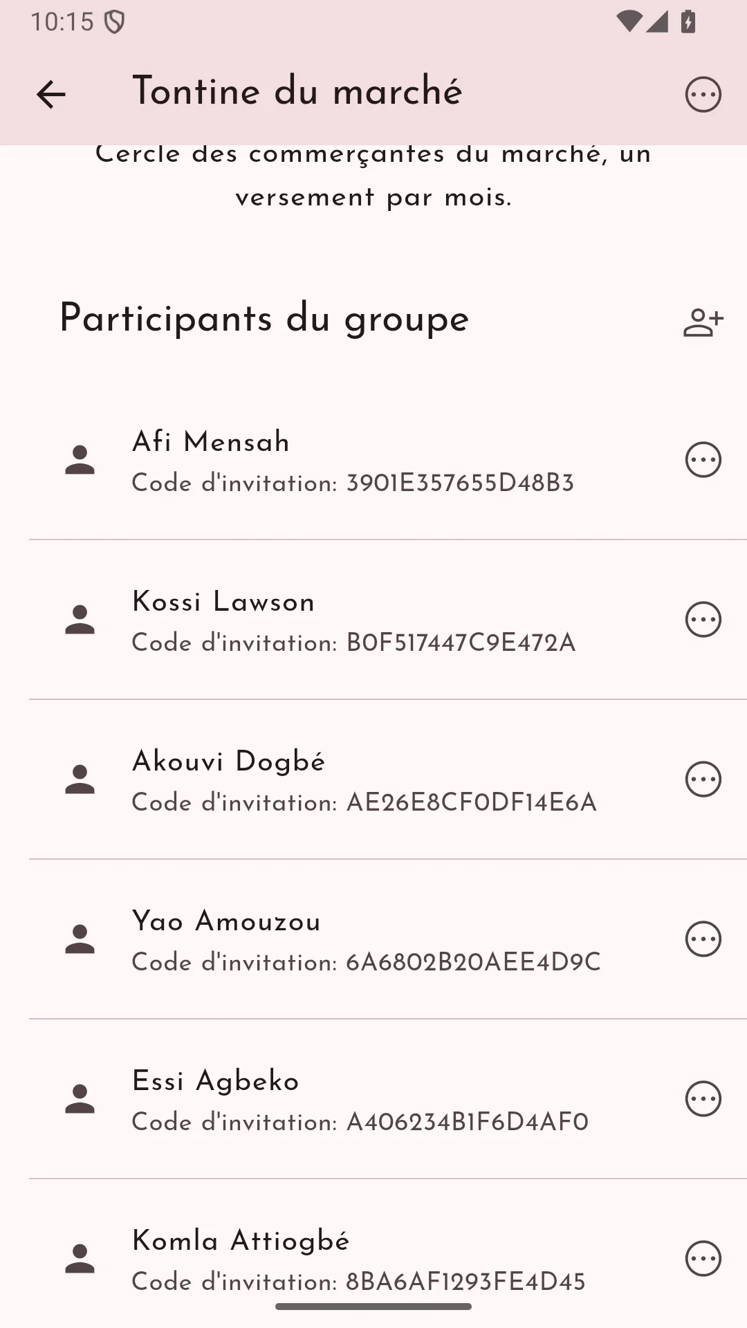 Participants d’un groupe, chacun avec son code d’invitation