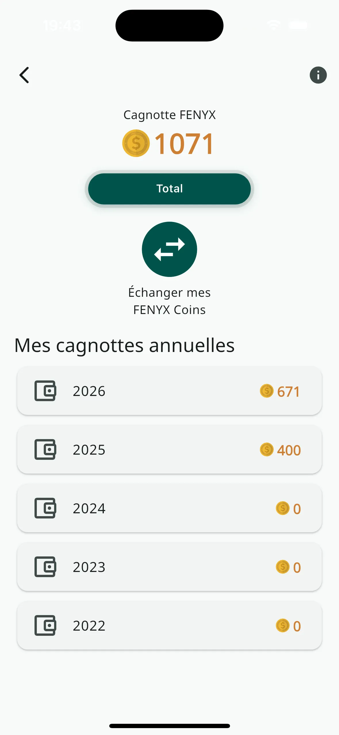 Écran du portefeuille : un total, puis une ligne par année avec son solde