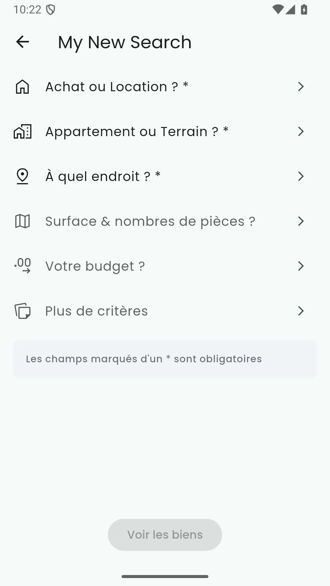 Nouvelle recherche : achat ou location, type de bien, lieu, surface, budget et critères