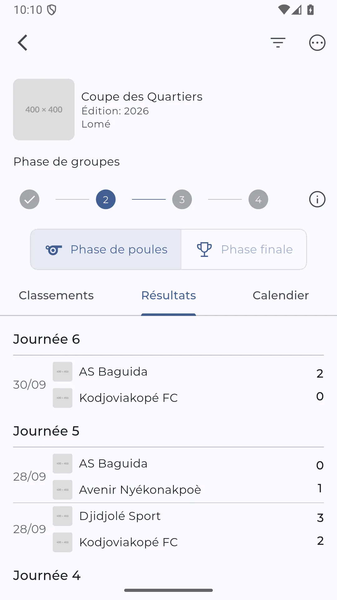 Résultats de la phase de poules, rangés par journée
