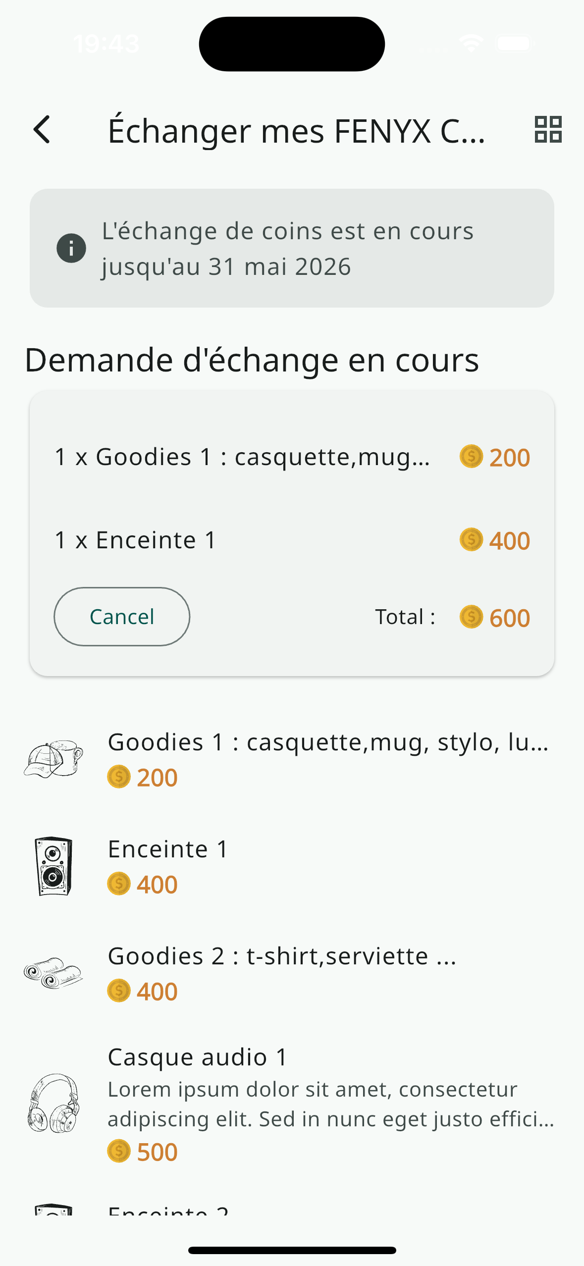 Interface d'échange de FENYX Coins