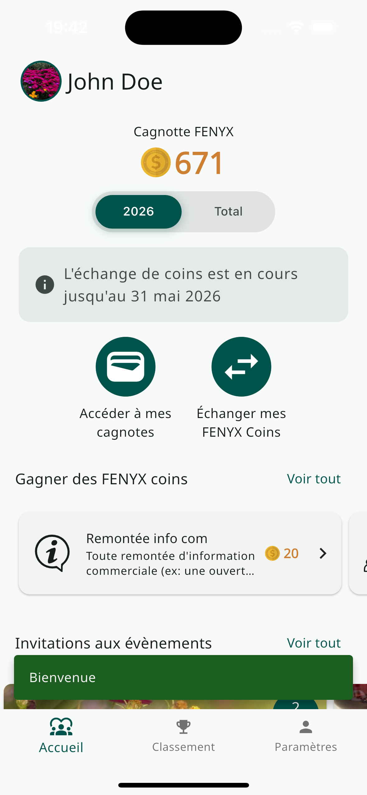 Page d'accueil de l'application myFenyx